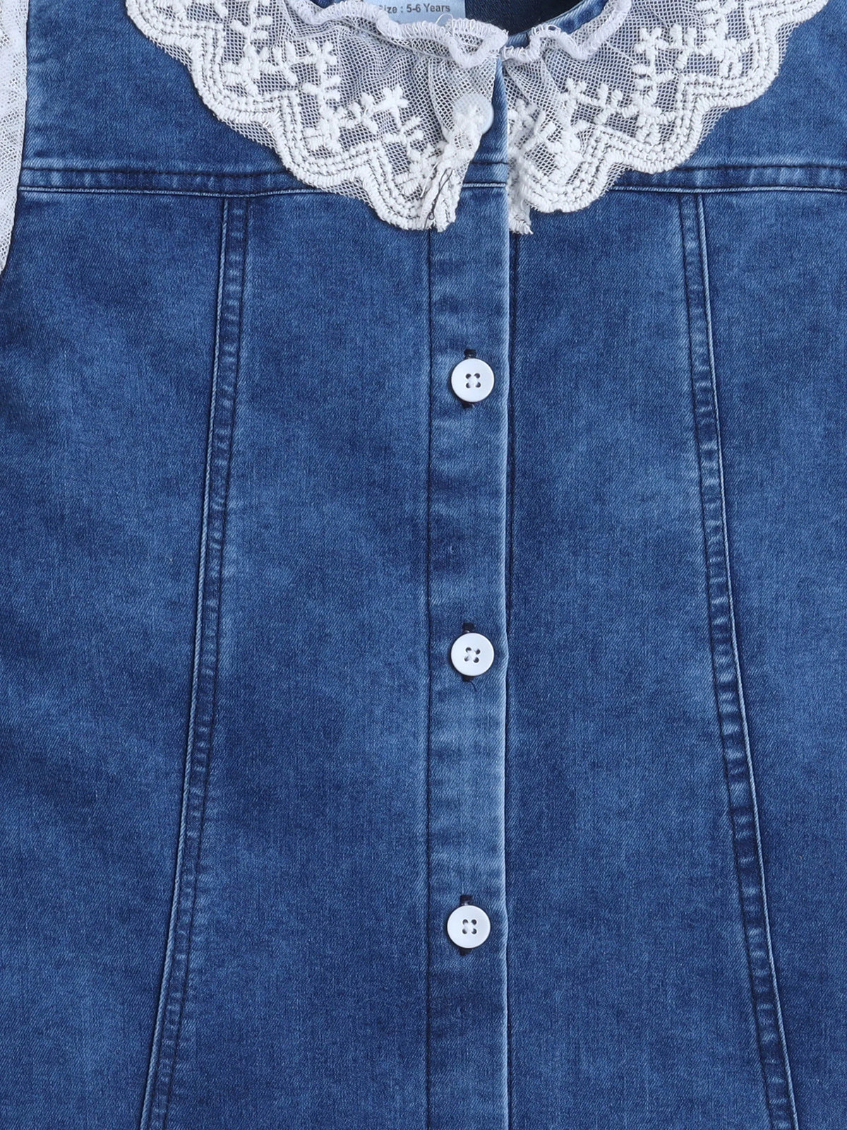 Bright Stars KIDSWEAR Light Weight Washed Denim Lace Detailing Front Button Dress - Blue