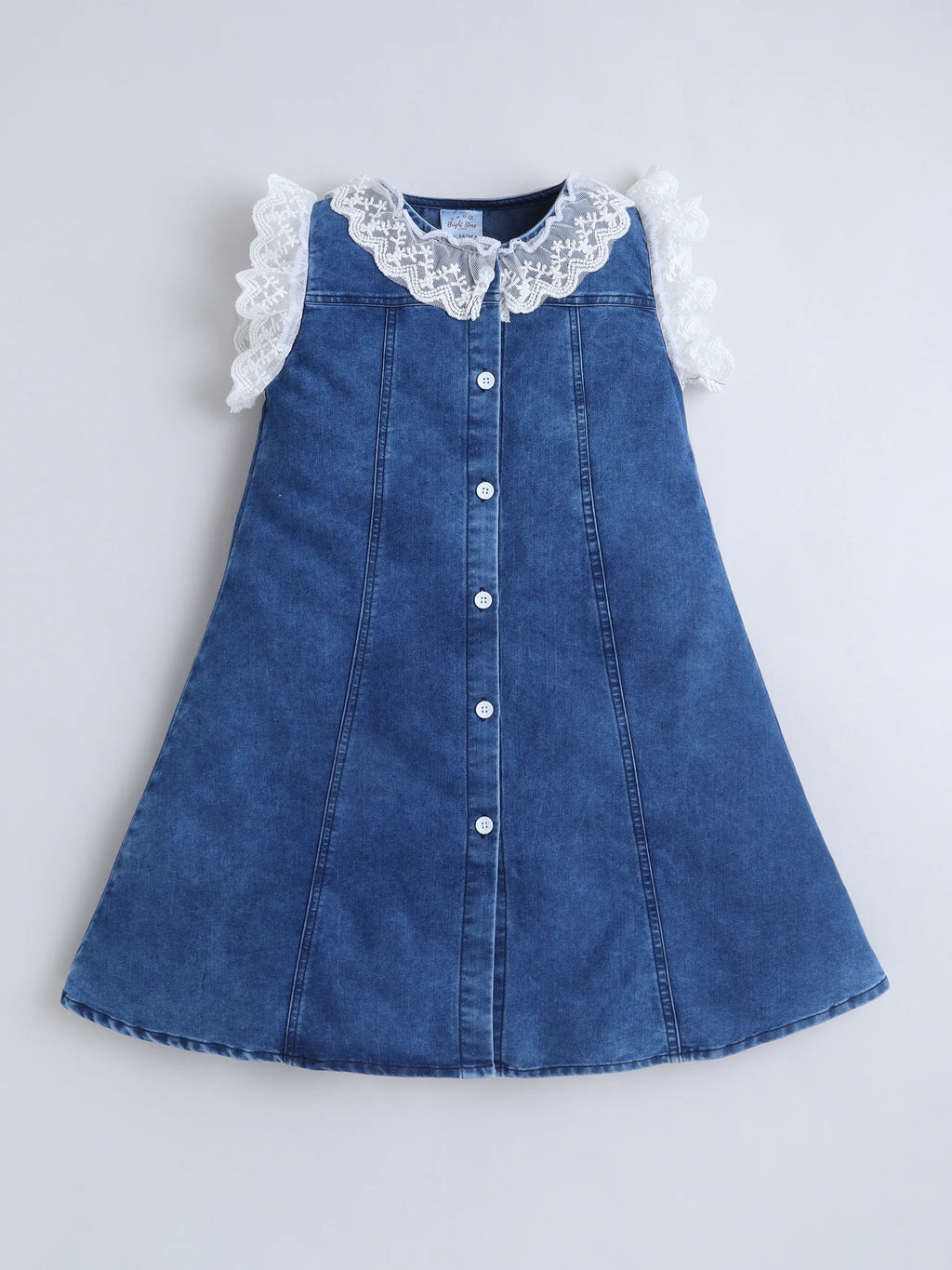 Bright Stars KIDSWEAR Light Weight Washed Denim Lace Detailing Front Button Dress - Blue
