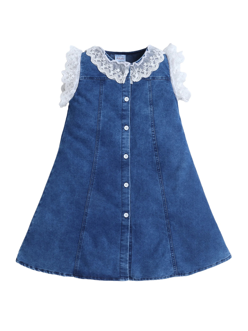 Bright Stars KIDSWEAR Light Weight Washed Denim Lace Detailing Front Button Dress - Blue