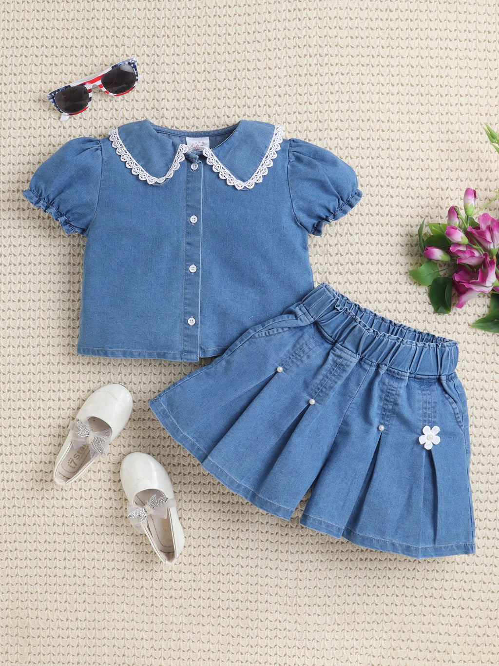 Bright Stars KIDSWEAR Washed Denim Collar Shirt & Embellished Flared Shorts Co-Ord Set- Blue