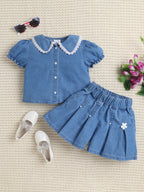 Bright Stars KIDSWEAR Washed Denim Collar Shirt & Embellished Flared Shorts Co-Ord Set- Blue