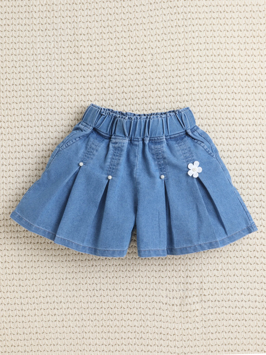 Bright Stars KIDSWEAR Washed Denim Collar Shirt & Embellished Flared Shorts Co-Ord Set- Blue