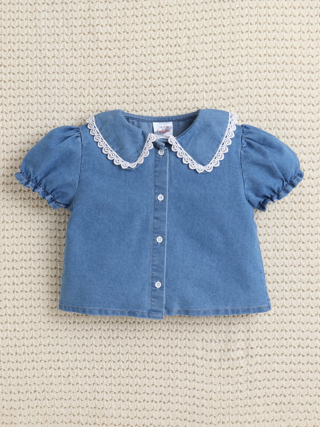 Bright Stars KIDSWEAR Washed Denim Collar Shirt & Embellished Flared Shorts Co-Ord Set- Blue