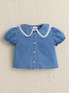 Bright Stars KIDSWEAR Washed Denim Collar Shirt & Embellished Flared Shorts Co-Ord Set- Blue