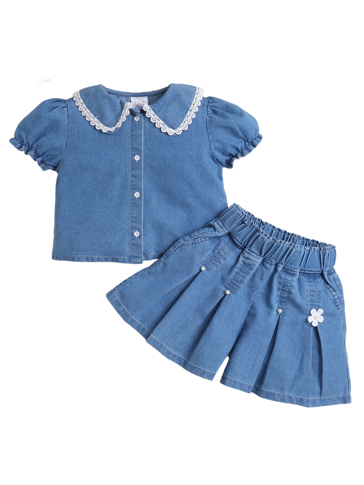 Bright Stars KIDSWEAR Washed Denim Collar Shirt & Embellished Flared Shorts Co-Ord Set- Blue