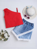 Bright Stars KIDSWEAR Washed Denim Lace Detailing Skirt And One Shoulder Big Bow Top Co-Ord Skirt Set - Red
