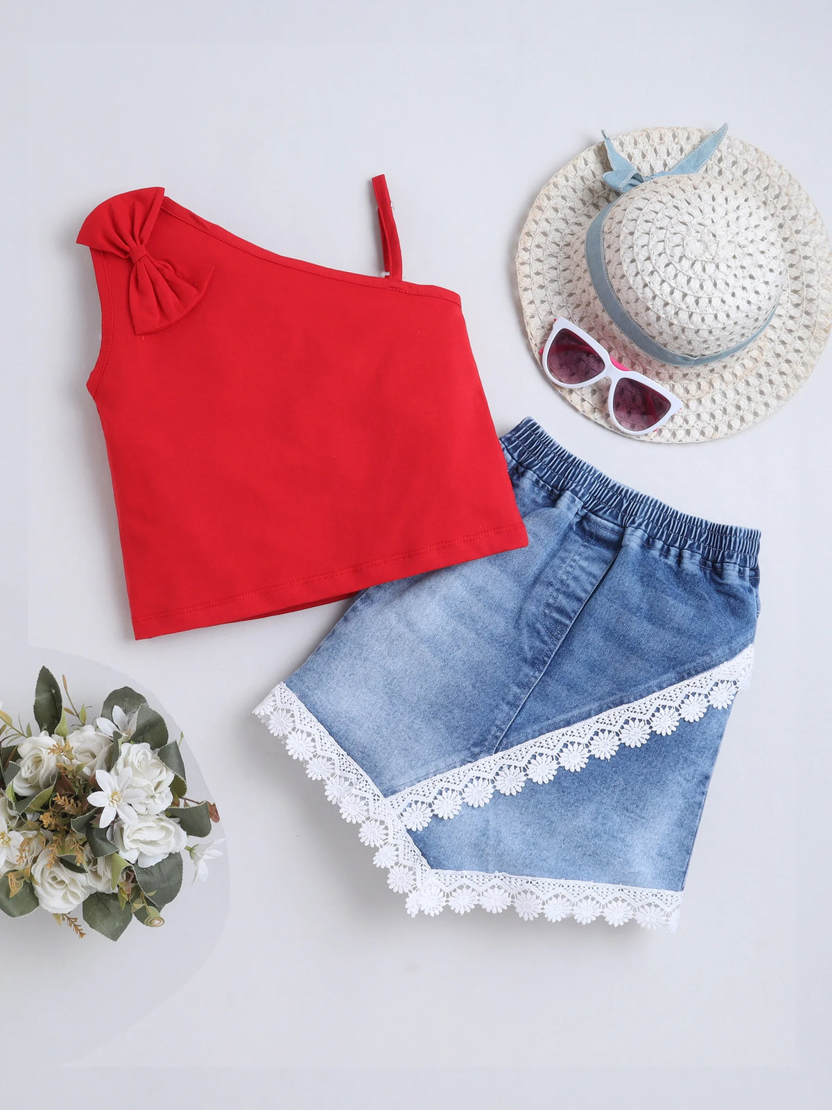 Bright Stars KIDSWEAR Washed Denim Lace Detailing Skirt And One Shoulder Big Bow Top Co-Ord Skirt Set - Red