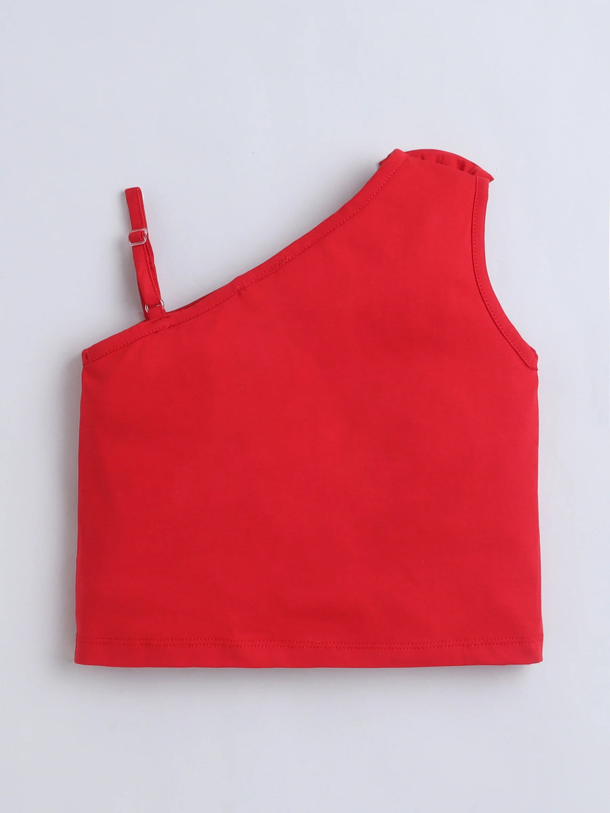 Bright Stars KIDSWEAR Washed Denim Lace Detailing Skirt And One Shoulder Big Bow Top Co-Ord Skirt Set - Red