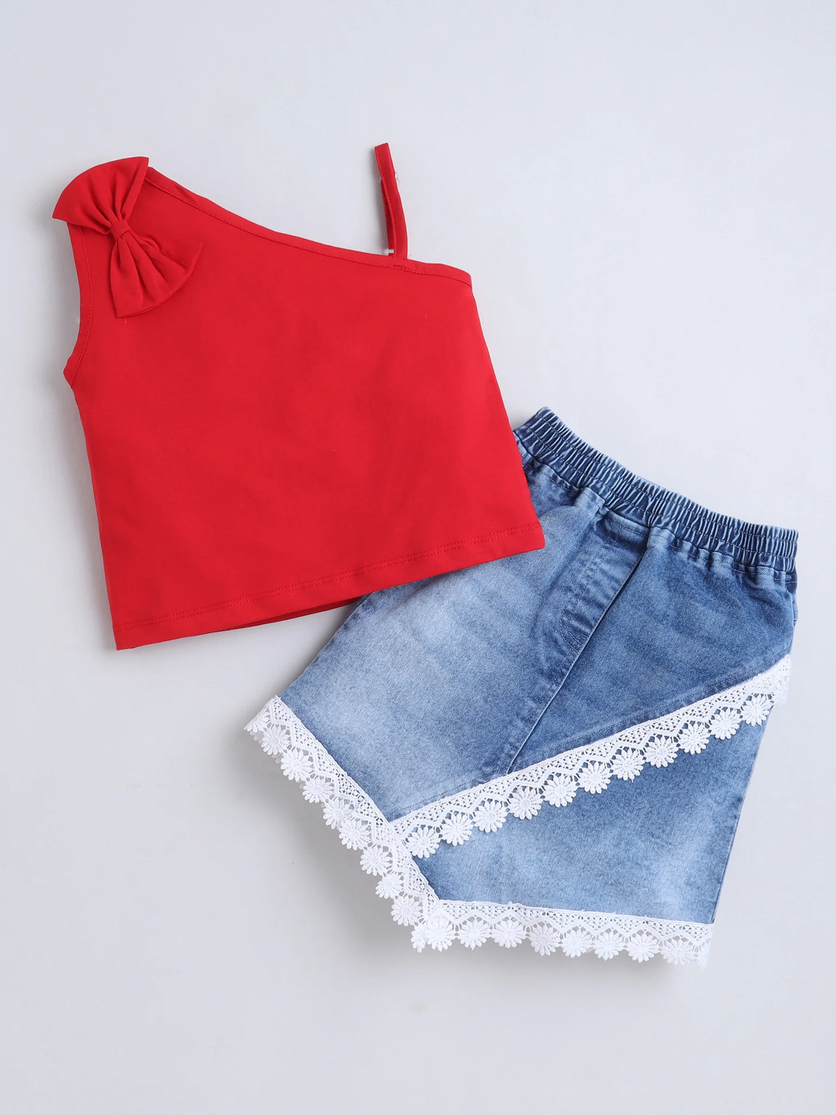 Bright Stars KIDSWEAR Washed Denim Lace Detailing Skirt And One Shoulder Big Bow Top Co-Ord Skirt Set - Red