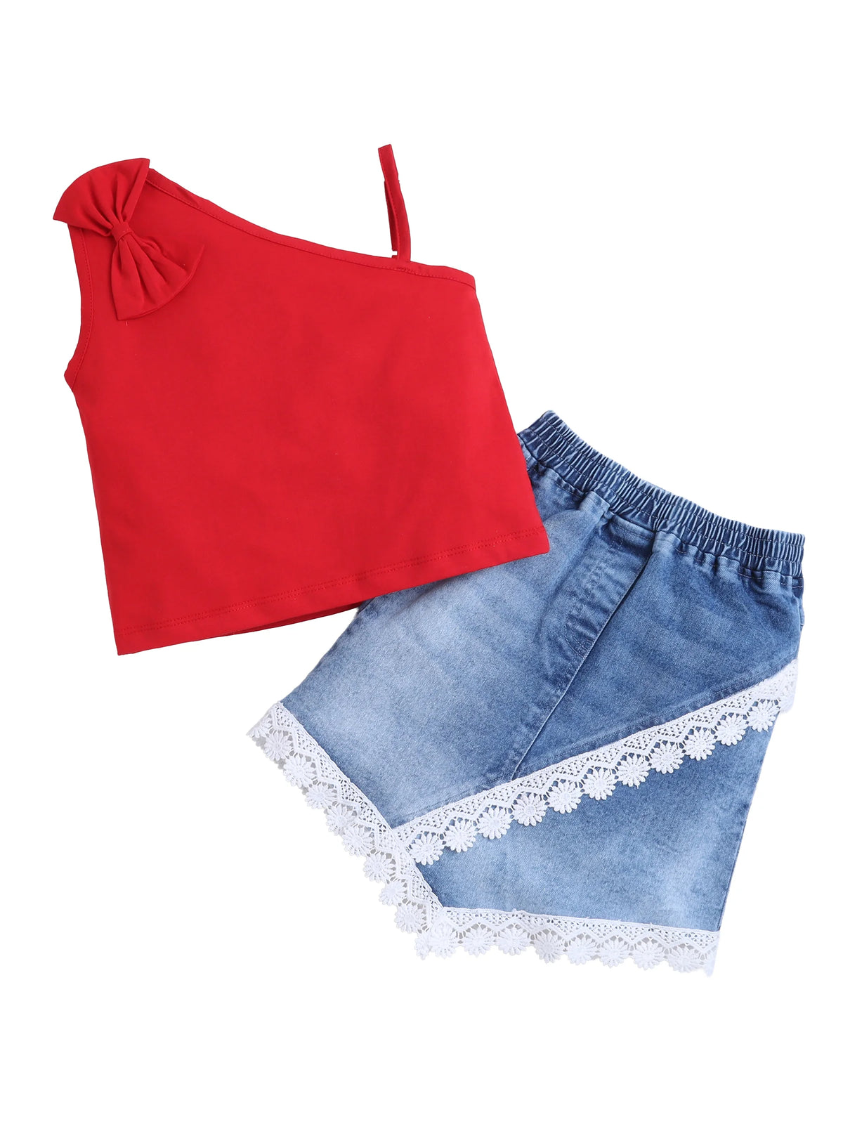 Bright Stars KIDSWEAR Washed Denim Lace Detailing Skirt And One Shoulder Big Bow Top Co-Ord Skirt Set - Red