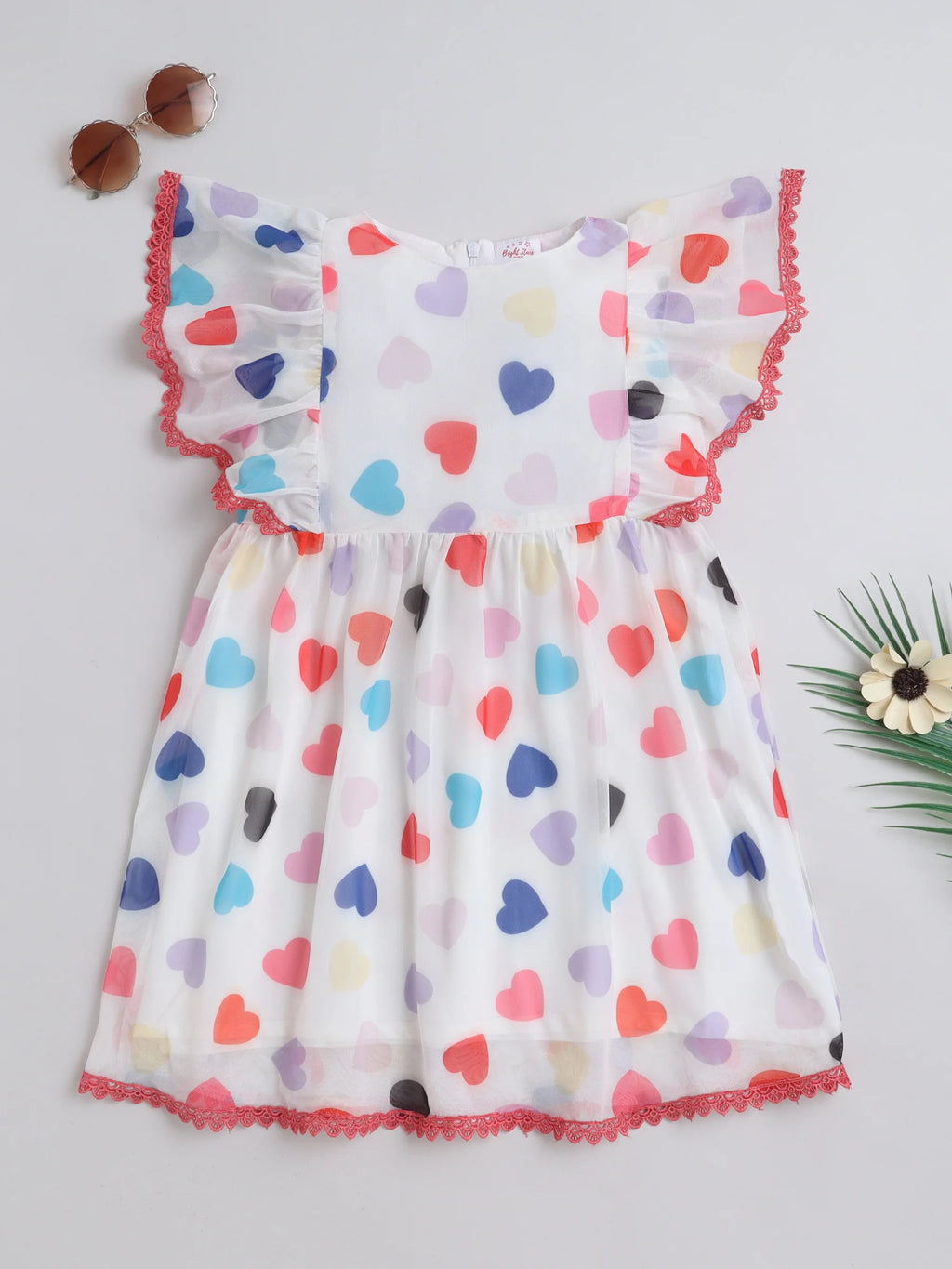 Girls Pink Knitted Net Dress with All-Over Print & Lace Detailing Casual Stylish Frock