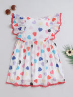 Girls Pink Knitted Net Dress with All-Over Print & Lace Detailing Casual Stylish Frock