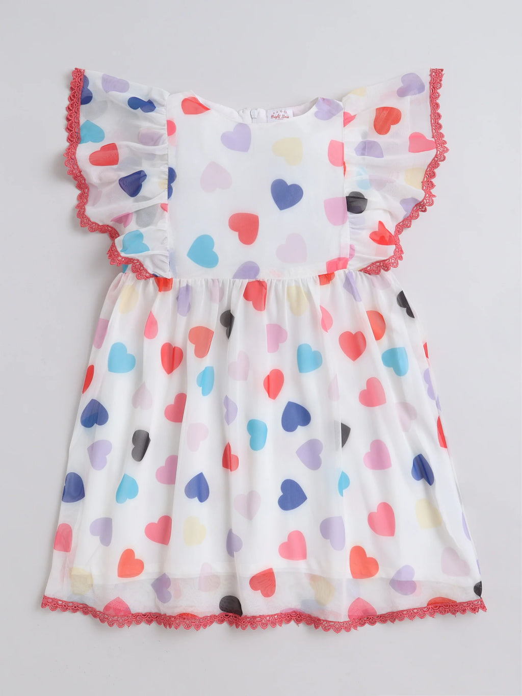Girls Pink Knitted Net Dress with All-Over Print & Lace Detailing Casual Stylish Frock