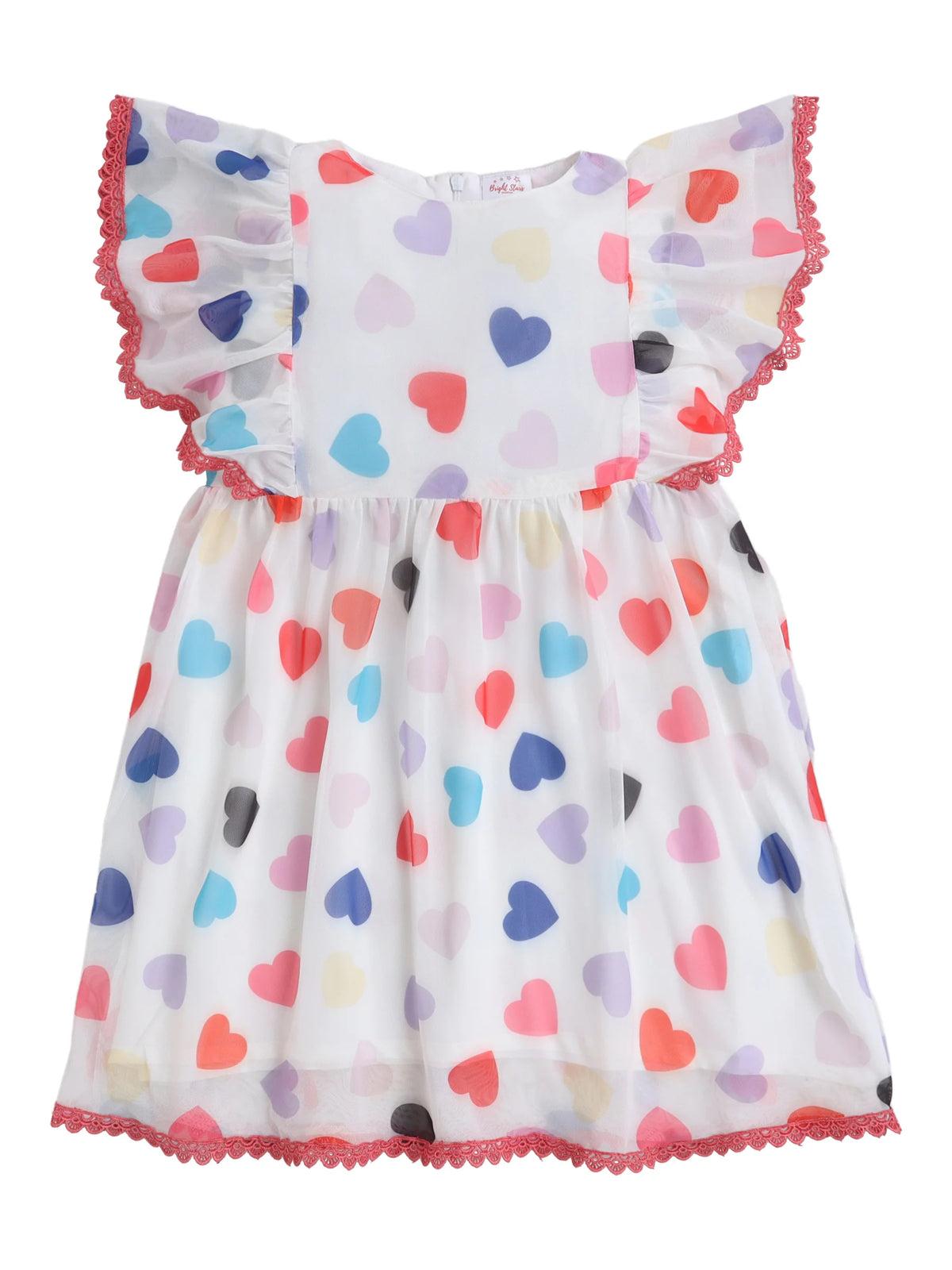 Girls Pink Knitted Net Dress with All-Over Print & Lace Detailing Casual Stylish Frock