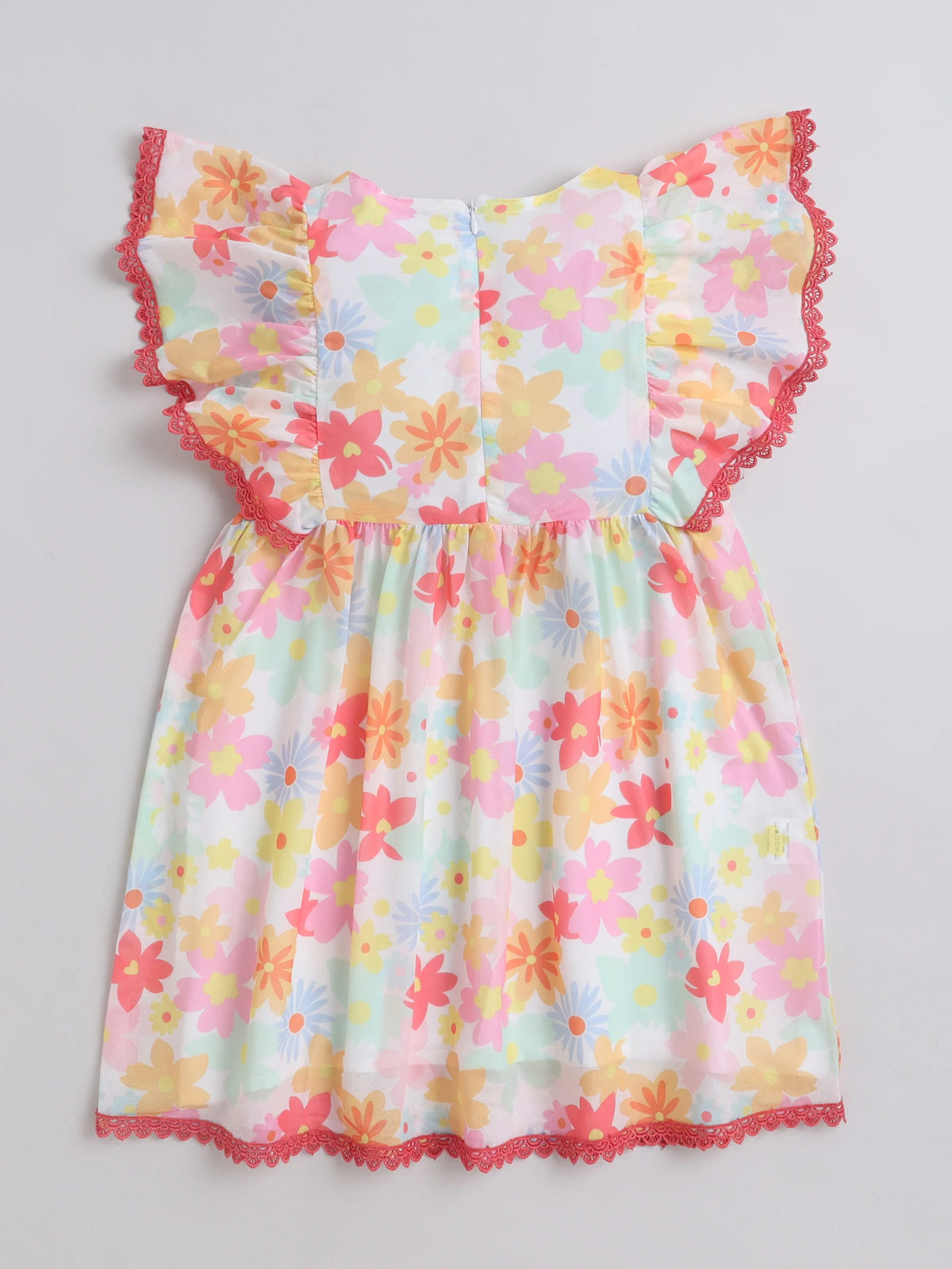 Girls Pink Knitted Net Dress with All-Over Print & Lace Detailing Casual Stylish Frock