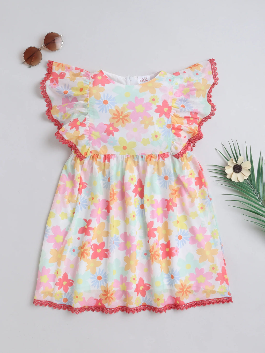 Girls Pink Knitted Net Dress with All-Over Print & Lace Detailing Casual Stylish Frock