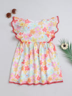 Girls Pink Knitted Net Dress with All-Over Print & Lace Detailing Casual Stylish Frock