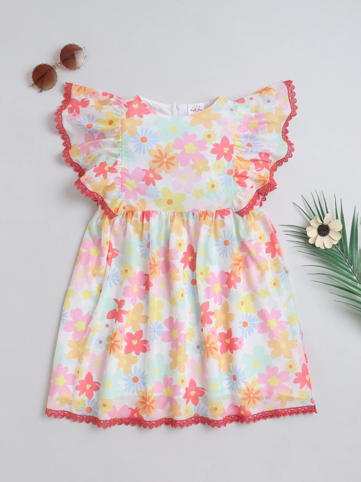 Girls Pink Knitted Net Dress with All-Over Print & Lace Detailing Casual Stylish Frock