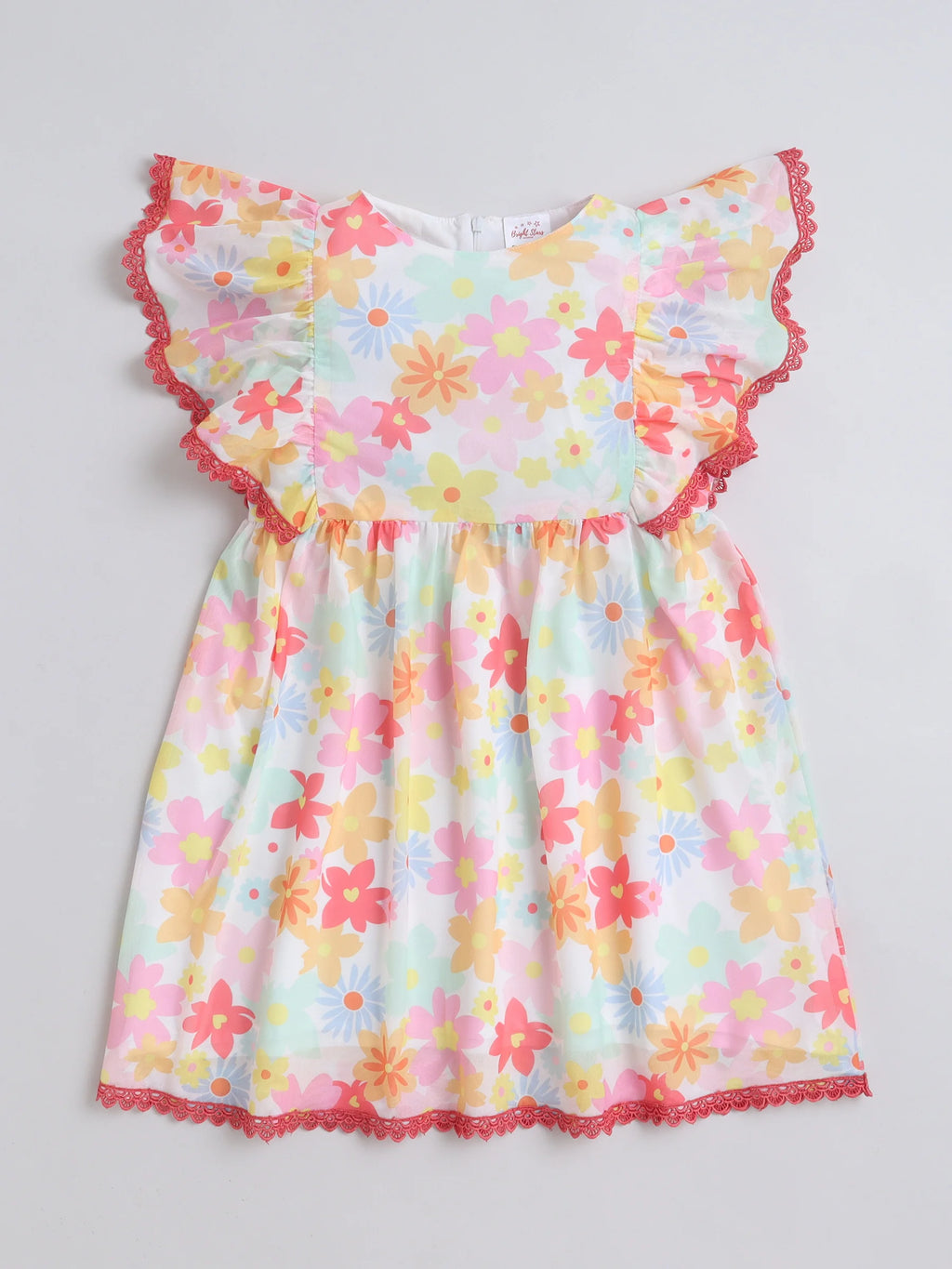 Girls Pink Knitted Net Dress with All-Over Print & Lace Detailing Casual Stylish Frock