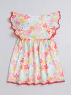 Girls Pink Knitted Net Dress with All-Over Print & Lace Detailing Casual Stylish Frock