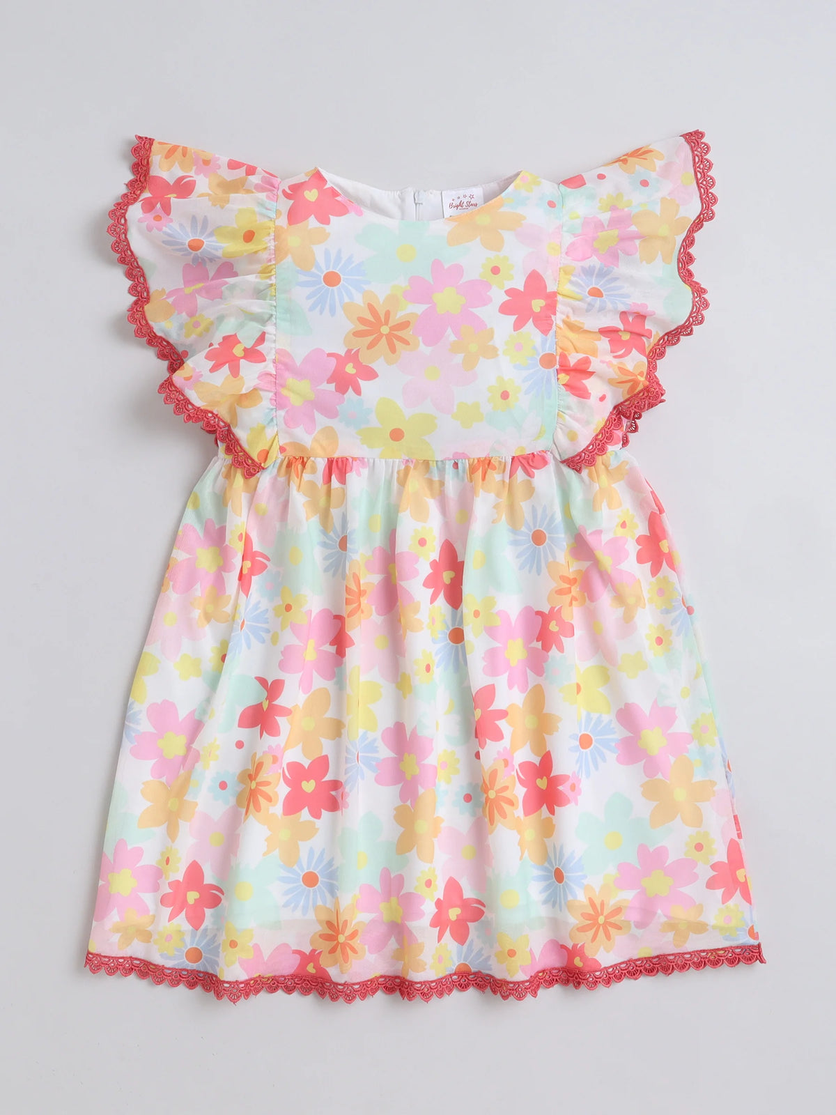 Girls Pink Knitted Net Dress with All-Over Print & Lace Detailing Casual Stylish Frock