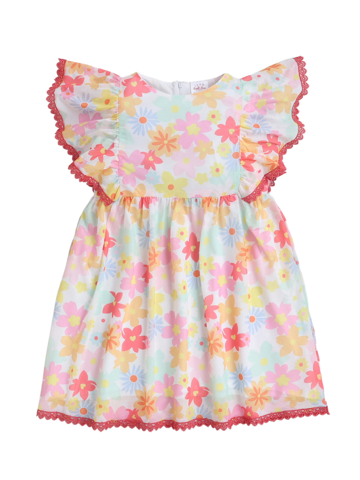 Girls Pink Knitted Net Dress with All-Over Print & Lace Detailing Casual Stylish Frock