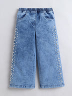 Bright Stars KIDSWEAR High Neck Sleeveless Top With Pearl Embellished Jeans - Blue