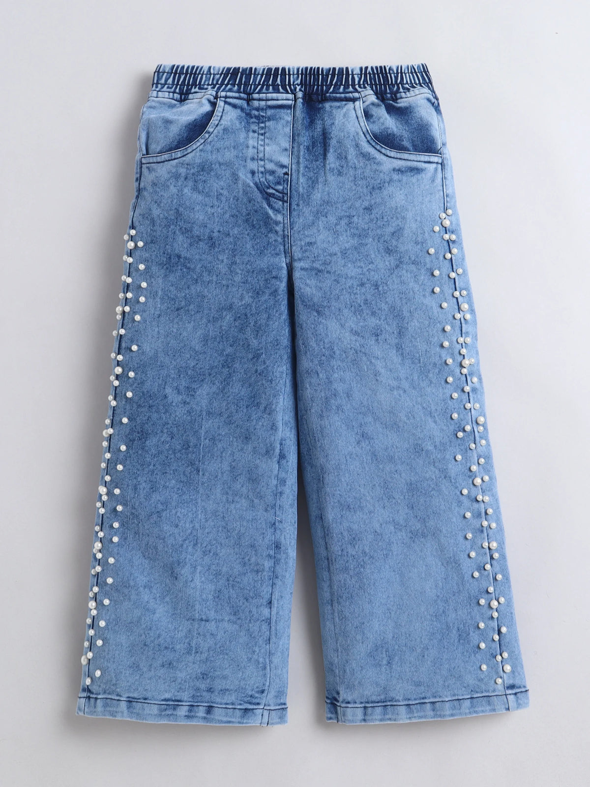 Bright Stars KIDSWEAR High Neck Sleeveless Top With Pearl Embellished Jeans - Blue