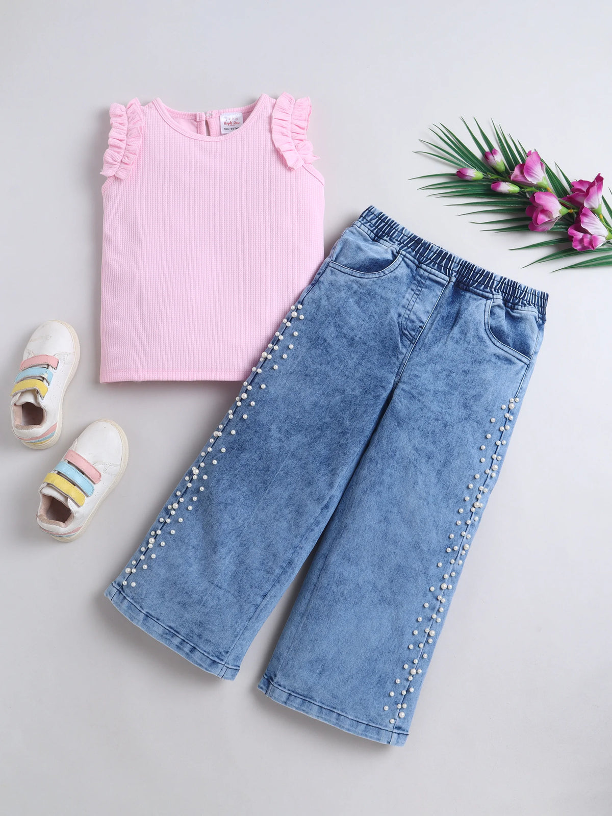 Bright Stars KIDSWEAR High Neck Sleeveless Top With Pearl Embellished Jeans - Blue