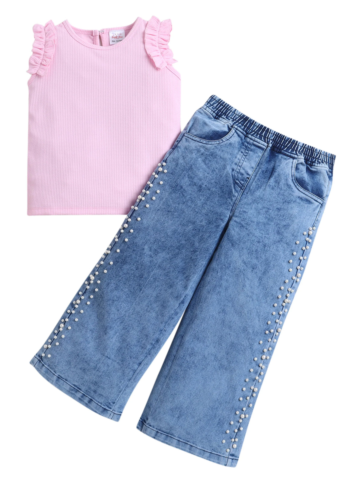 Bright Stars KIDSWEAR High Neck Sleeveless Top With Pearl Embellished Jeans - Blue