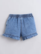 Girls Soft Wash Denim Shorts Heart Embroidery, Elastic Waist, Casual Summer Bottoms