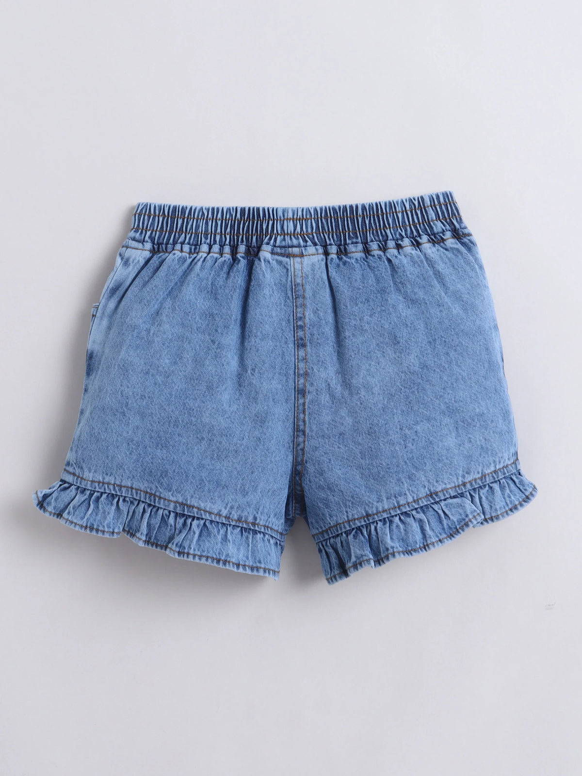 Girls Soft Wash Denim Shorts Heart Embroidery, Elastic Waist, Casual Summer Bottoms