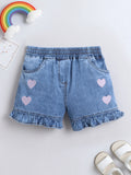 Girls Soft Wash Denim Shorts Heart Embroidery, Elastic Waist, Casual Summer Bottoms