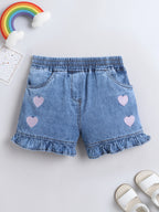 Girls Soft Wash Denim Shorts Heart Embroidery, Elastic Waist, Casual Summer Bottoms