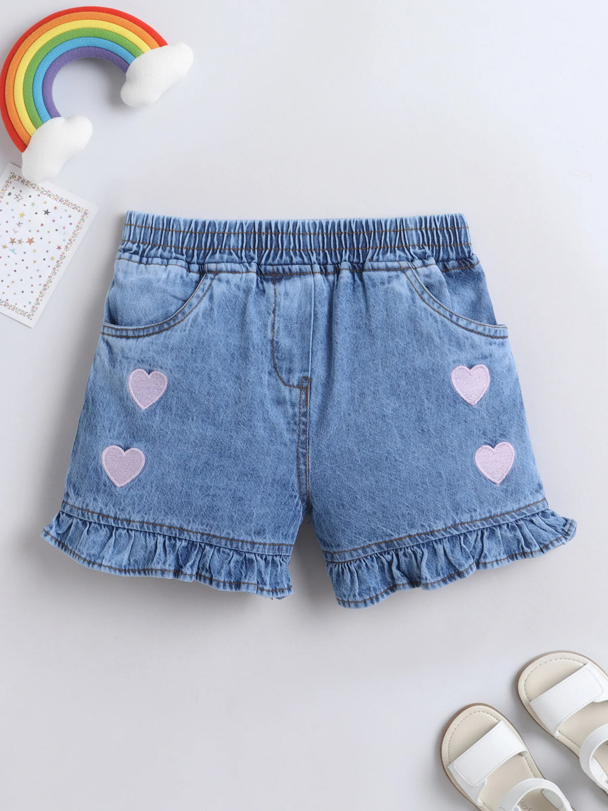 Girls Soft Wash Denim Shorts Heart Embroidery, Elastic Waist, Casual Summer Bottoms