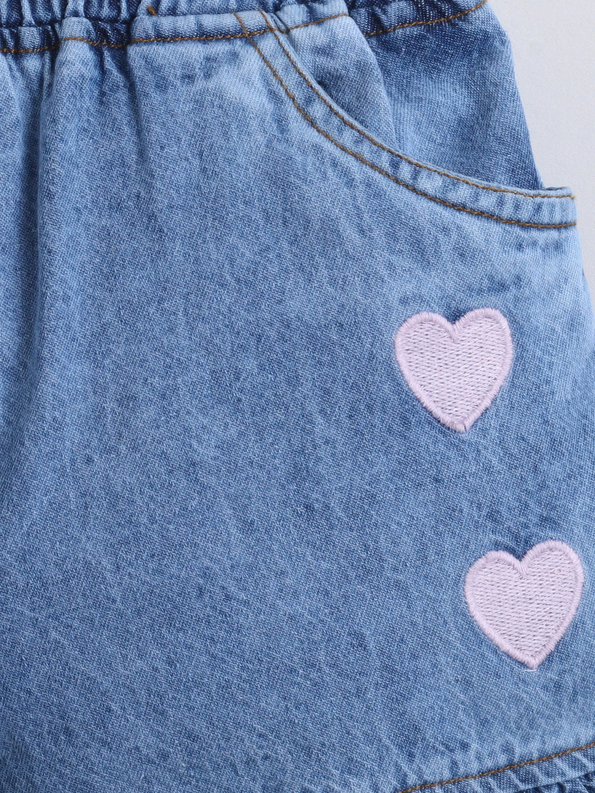 Girls Soft Wash Denim Shorts Heart Embroidery, Elastic Waist, Casual Summer Bottoms