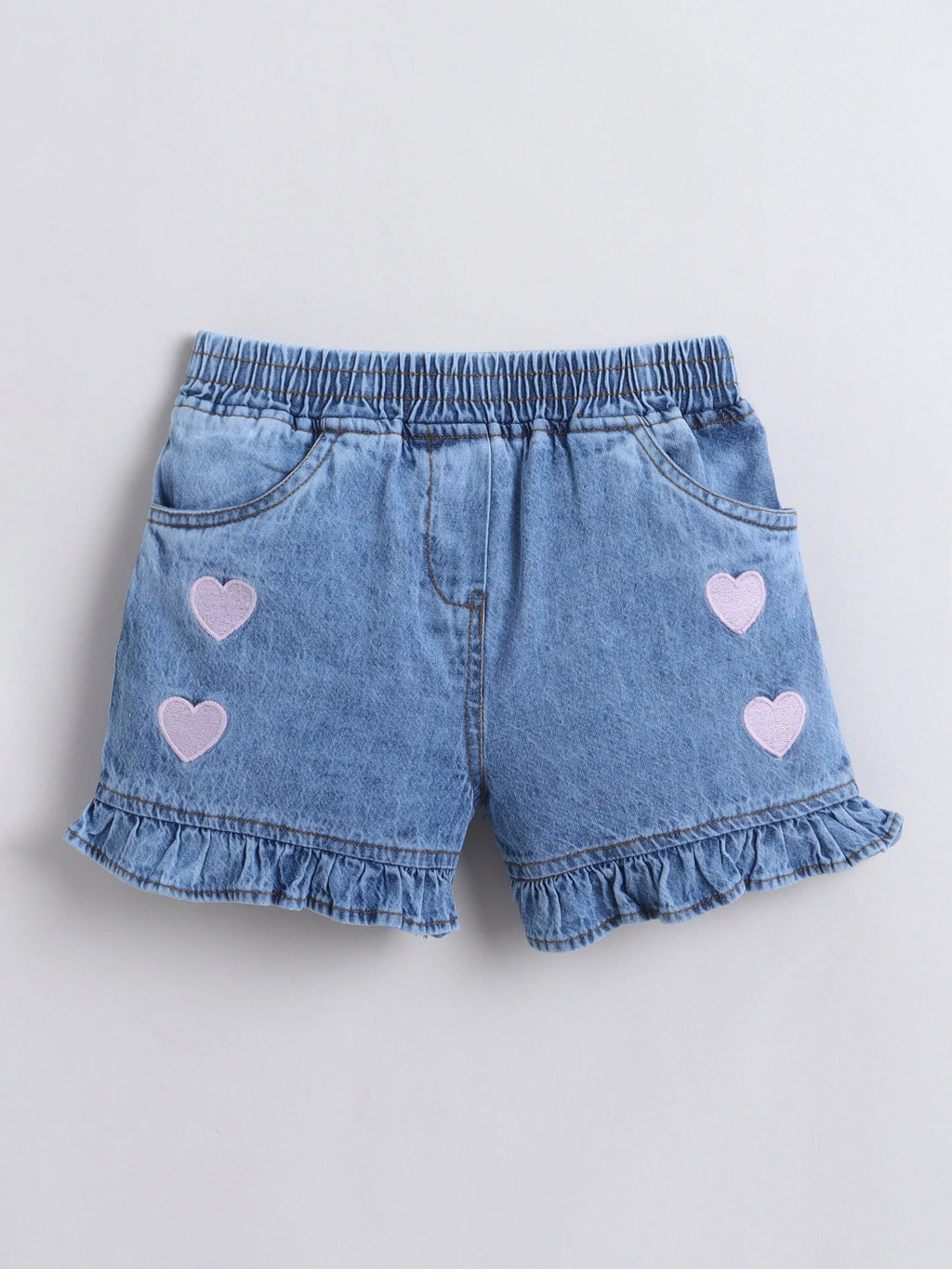 Girls Soft Wash Denim Shorts Heart Embroidery, Elastic Waist, Casual Summer Bottoms