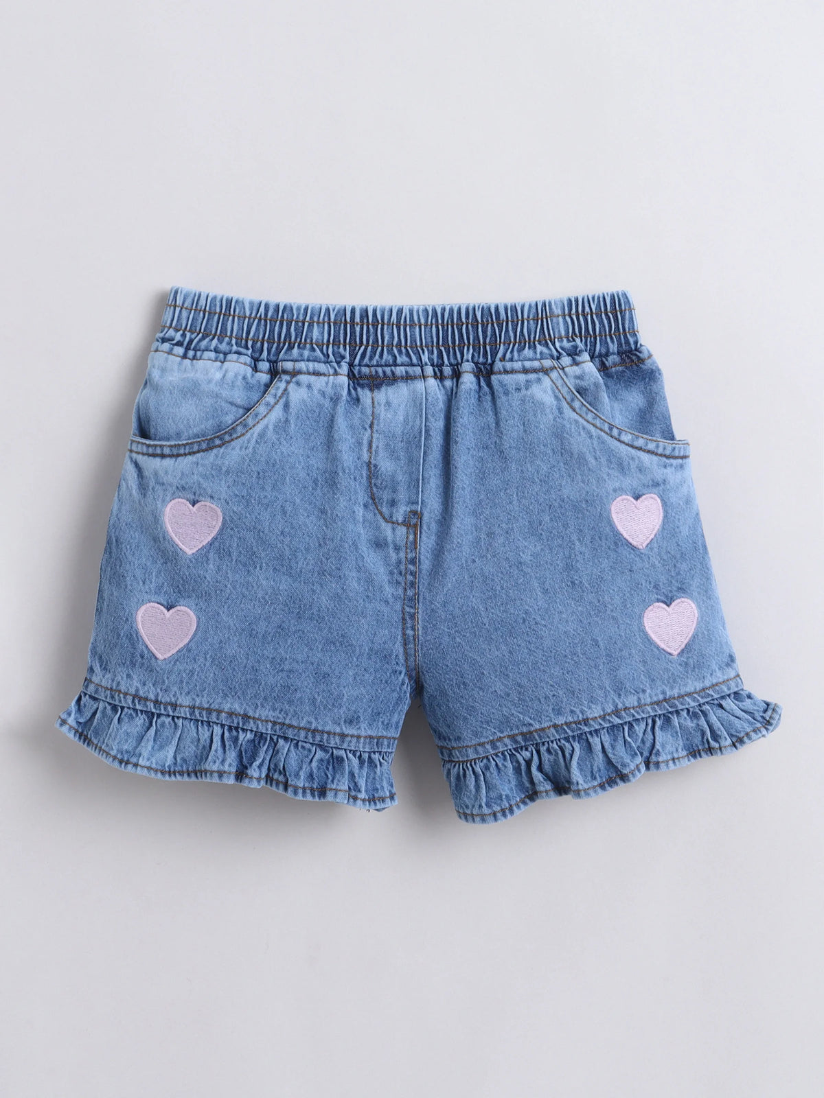 Girls Soft Wash Denim Shorts Heart Embroidery, Elastic Waist, Casual Summer Bottoms