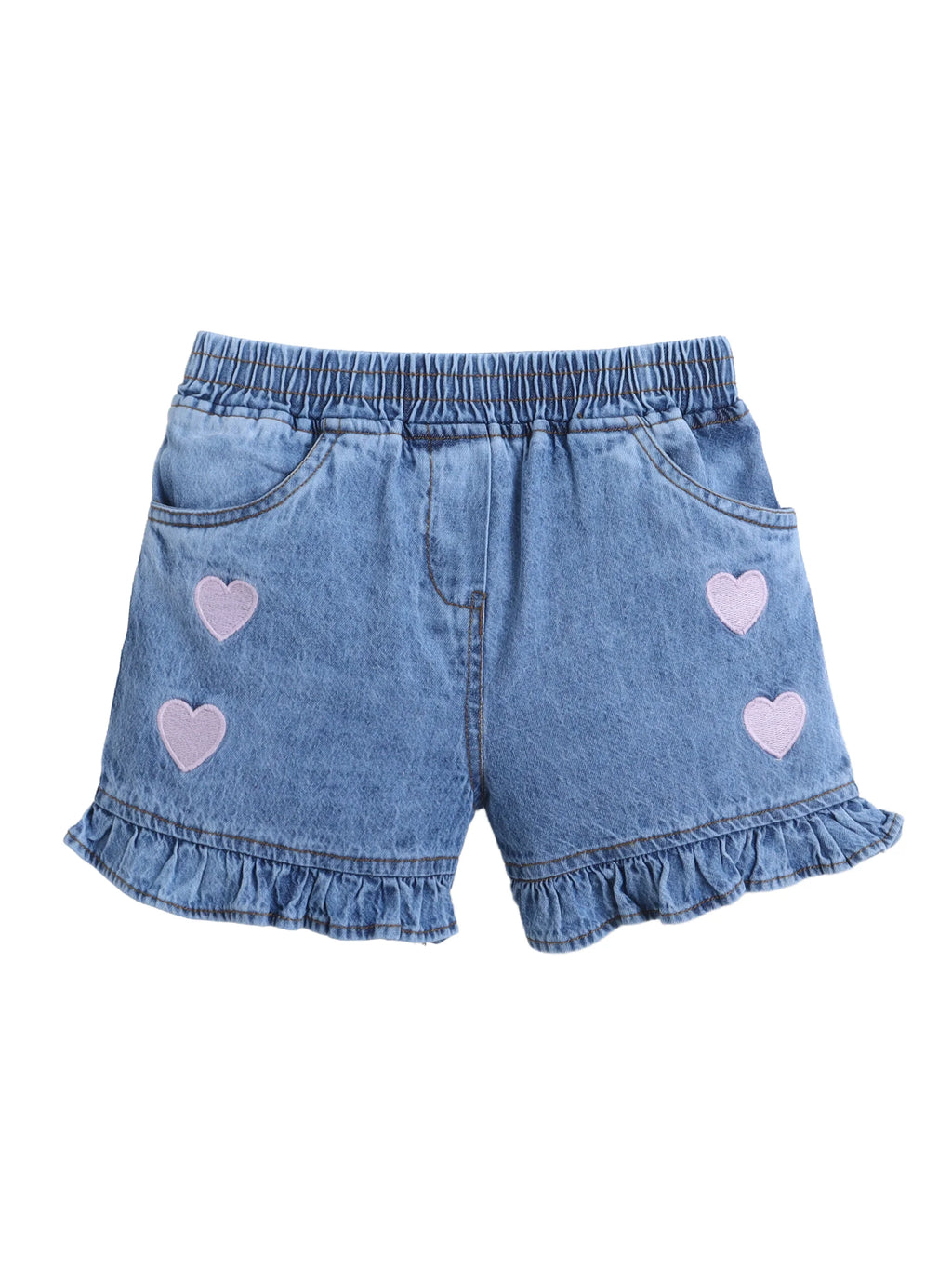 Girls Soft Wash Denim Shorts Heart Embroidery, Elastic Waist, Casual Summer Bottoms