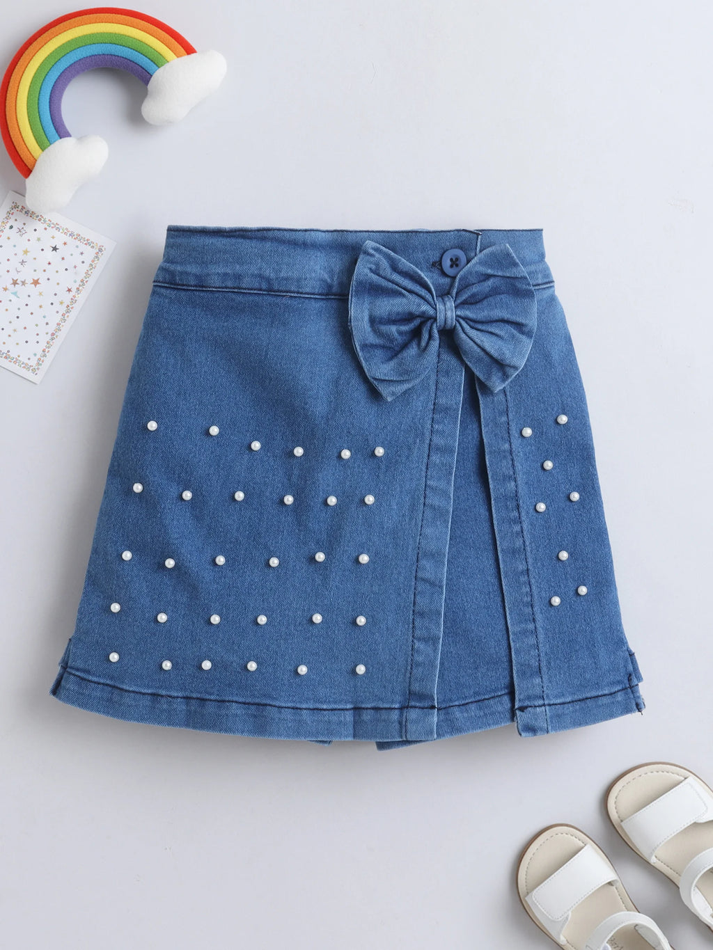 Denim Pearl Embellished Skorts Casual Summer Bottom Wear for Toddlers & Kids