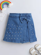 Denim Pearl Embellished Skorts Casual Summer Bottom Wear for Toddlers & Kids