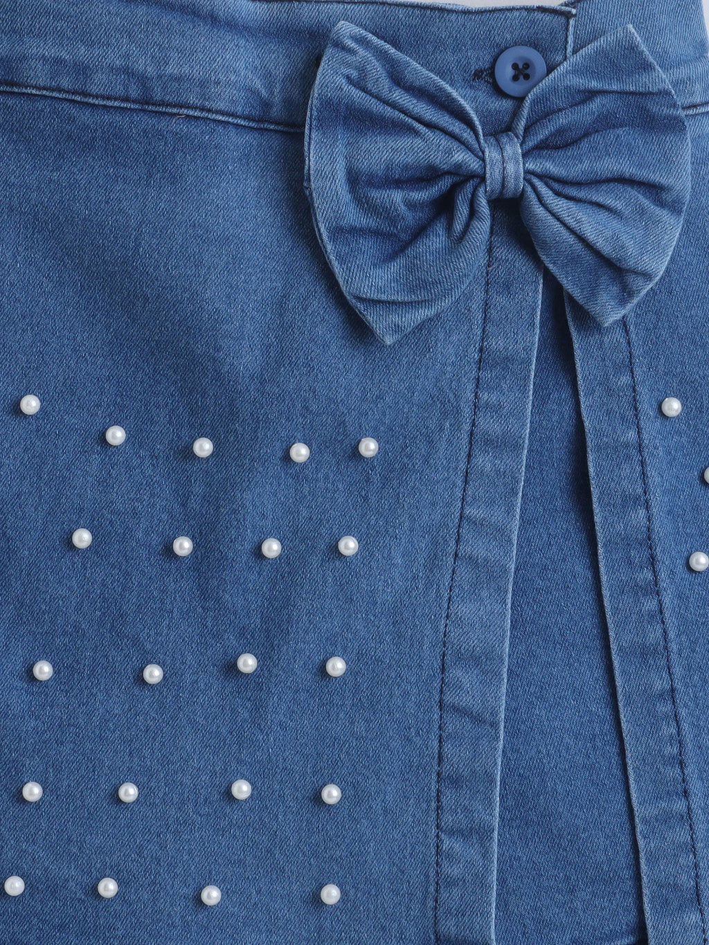Denim Pearl Embellished Skorts Casual Summer Bottom Wear for Toddlers & Kids