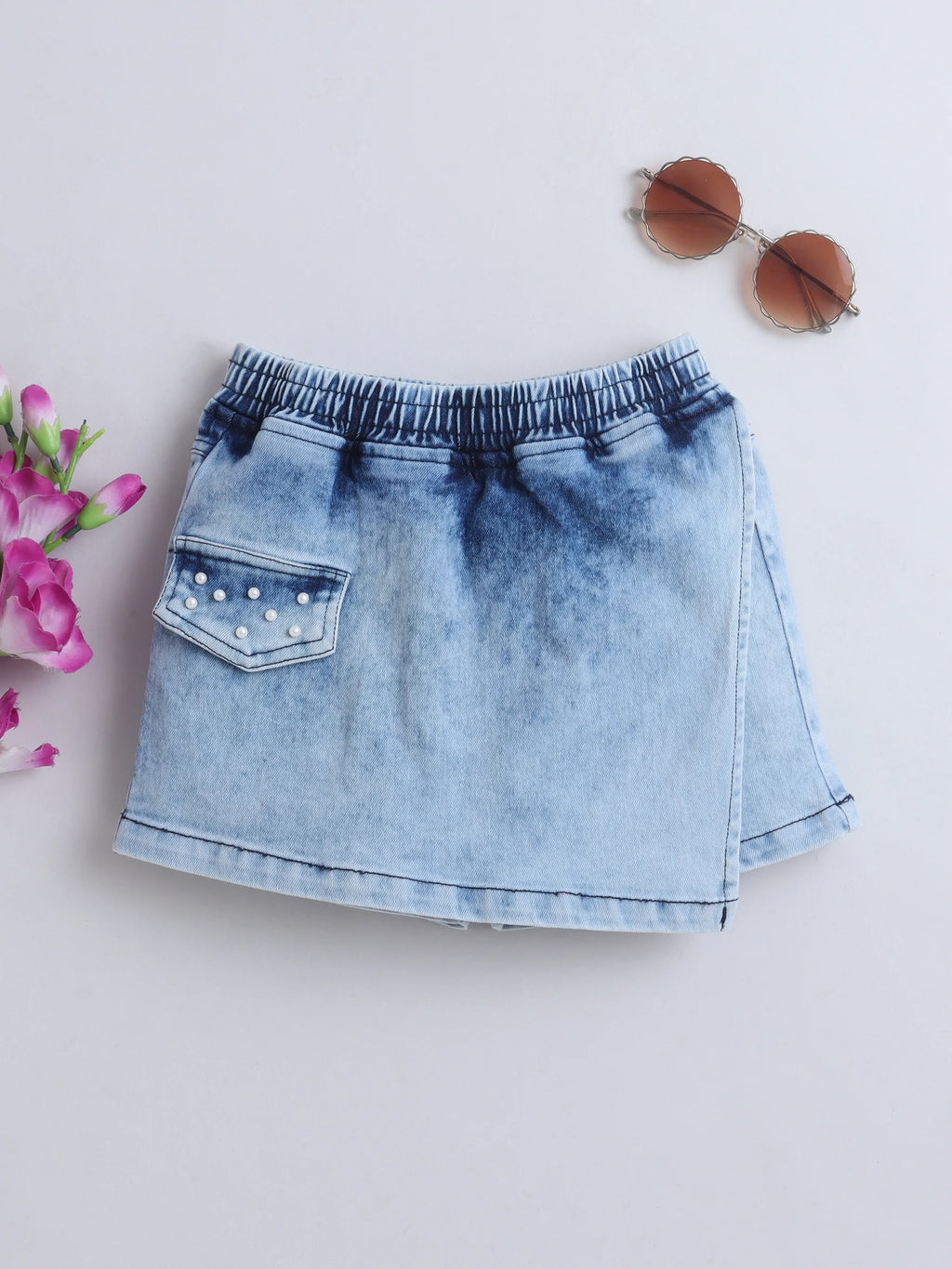Girls Denim Skorts Set with Elegant Pearl Embellished Stylish Wrap Skorts Short