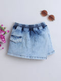 Girls Denim Skorts Set with Elegant Pearl Embellished Stylish Wrap Skorts Short