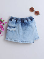 Girls Denim Skorts Set with Elegant Pearl Embellished Stylish Wrap Skorts Short