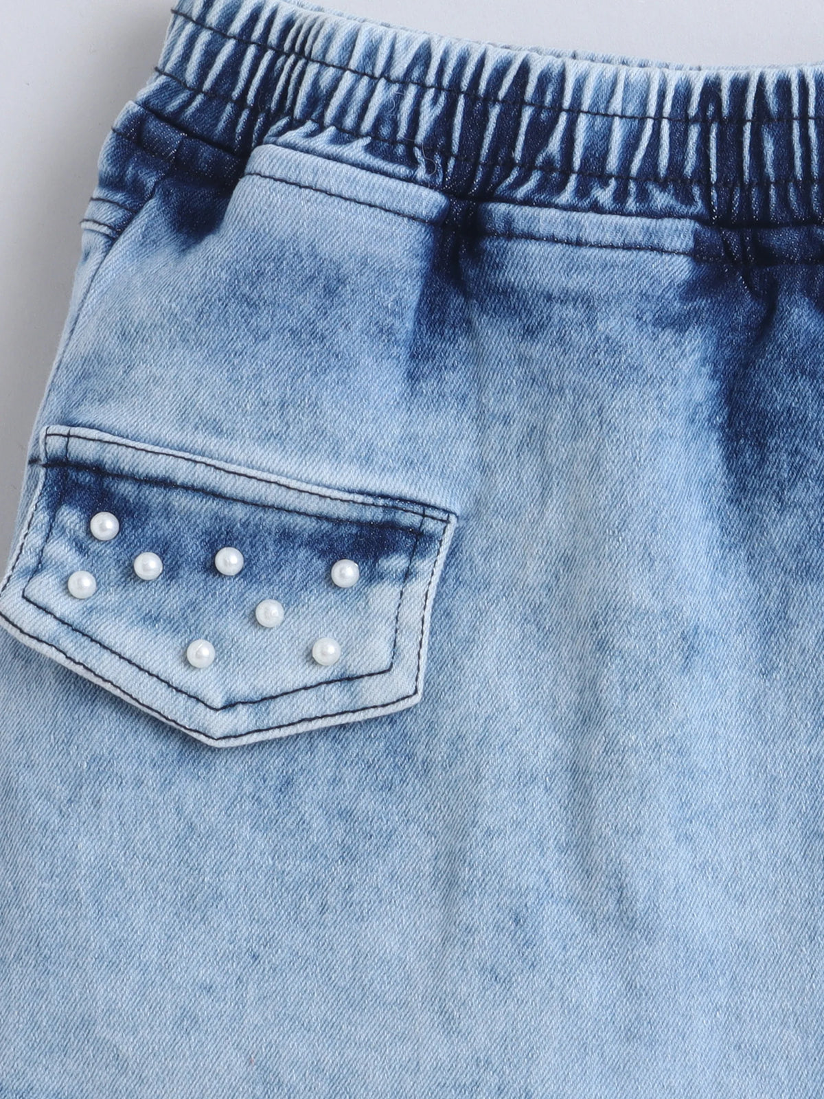 Girls Denim Skorts Set with Elegant Pearl Embellished Stylish Wrap Skorts Short