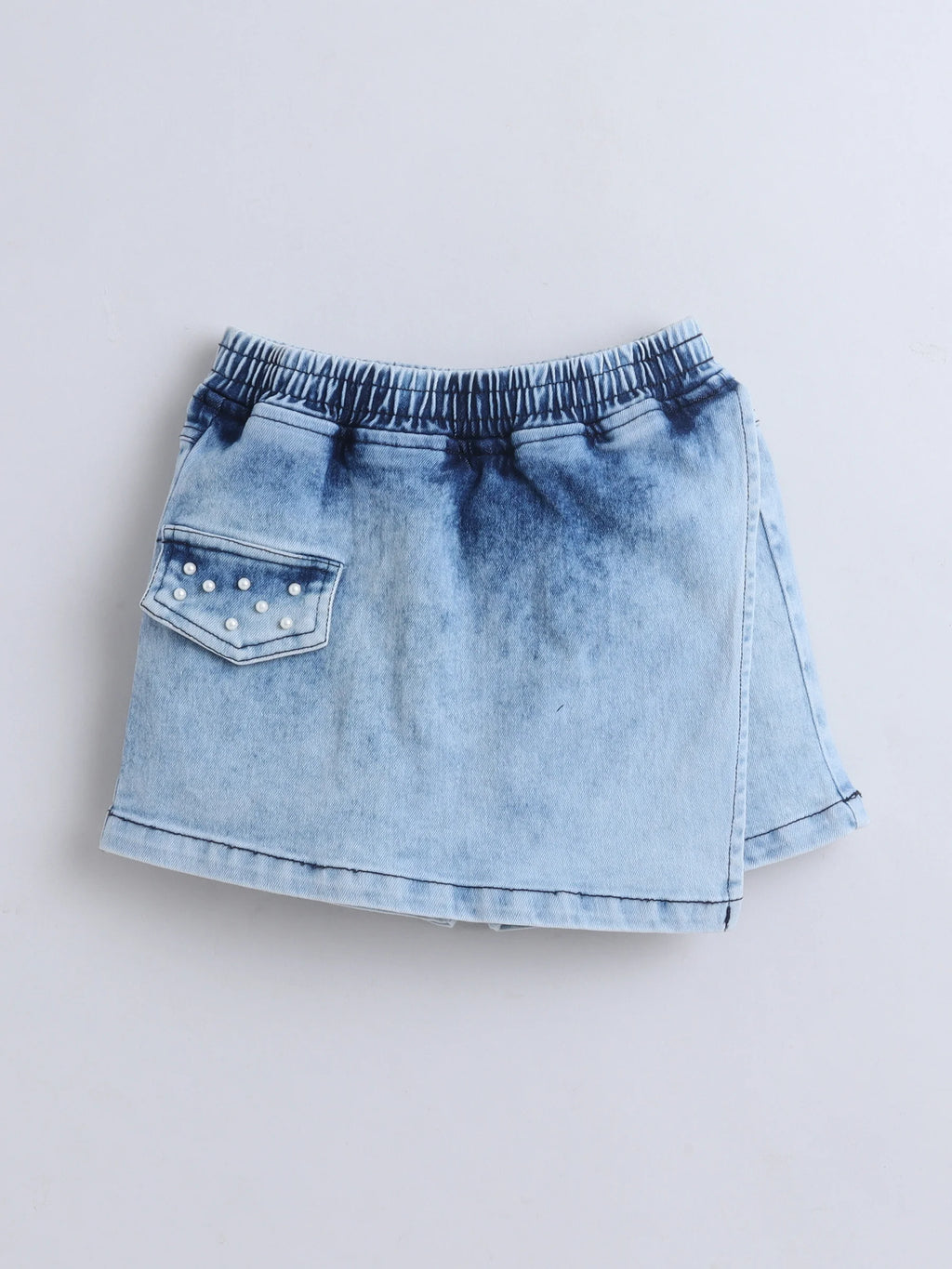 Girls Denim Skorts Set with Elegant Pearl Embellished Stylish Wrap Skorts Short