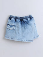 Girls Denim Skorts Set with Elegant Pearl Embellished Stylish Wrap Skorts Short