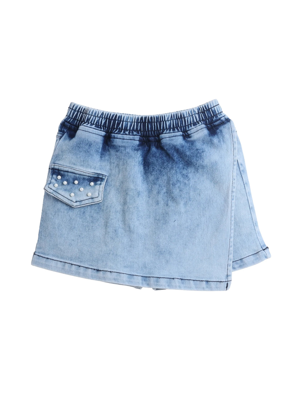 Girls Denim Skorts Set with Elegant Pearl Embellished Stylish Wrap Skorts Short