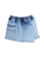 Girls Denim Skorts Set with Elegant Pearl Embellished Stylish Wrap Skorts Short